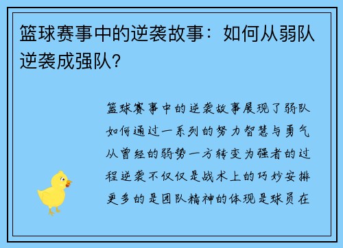 篮球赛事中的逆袭故事：如何从弱队逆袭成强队？