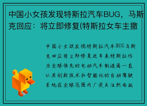 中国小女孩发现特斯拉汽车BUG，马斯克回应：将立即修复(特斯拉女车主撒了多少谎)