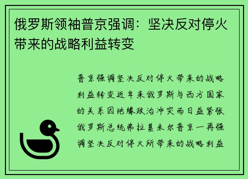 俄罗斯领袖普京强调：坚决反对停火带来的战略利益转变
