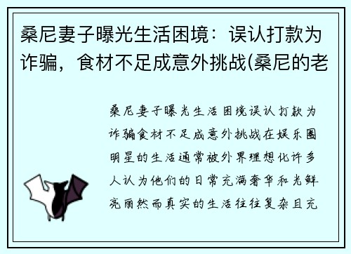 桑尼妻子曝光生活困境：误认打款为诈骗，食材不足成意外挑战(桑尼的老公)
